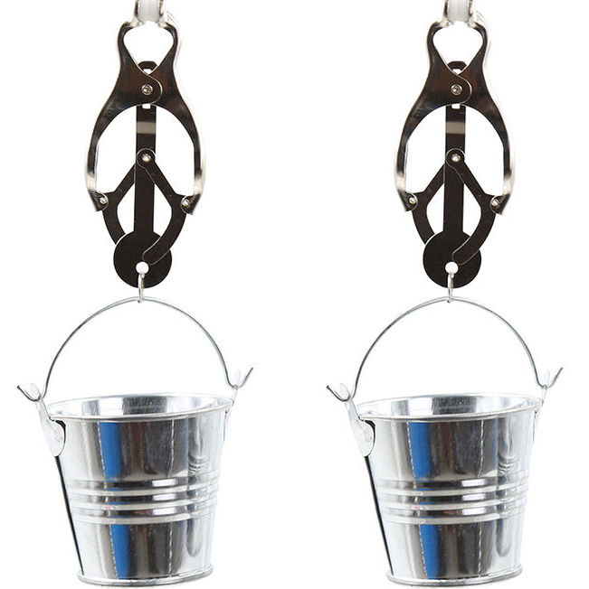 OHMAMA FETISH NIPPLE CLAMPS WITH BUCKETS Ohmama Fetish-Fetisch-Möpse für Nippel mit Metallschalen · Spielzeug aus Glas & Metall