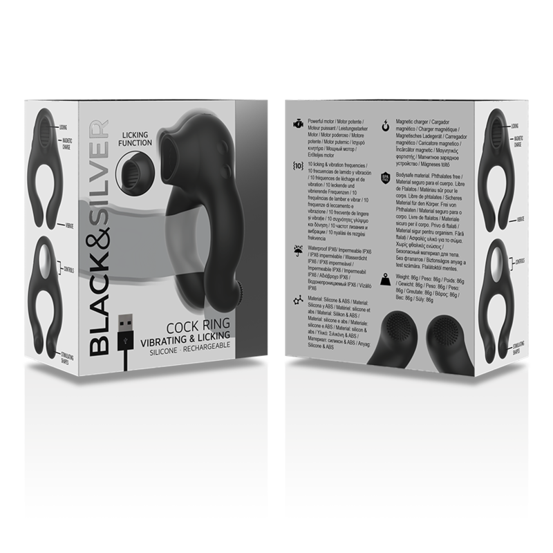 Black&silver-Vibrationsring aus Silikon, 3 Motoren, Wiederaufladbar · Sextoys (Bild 3)