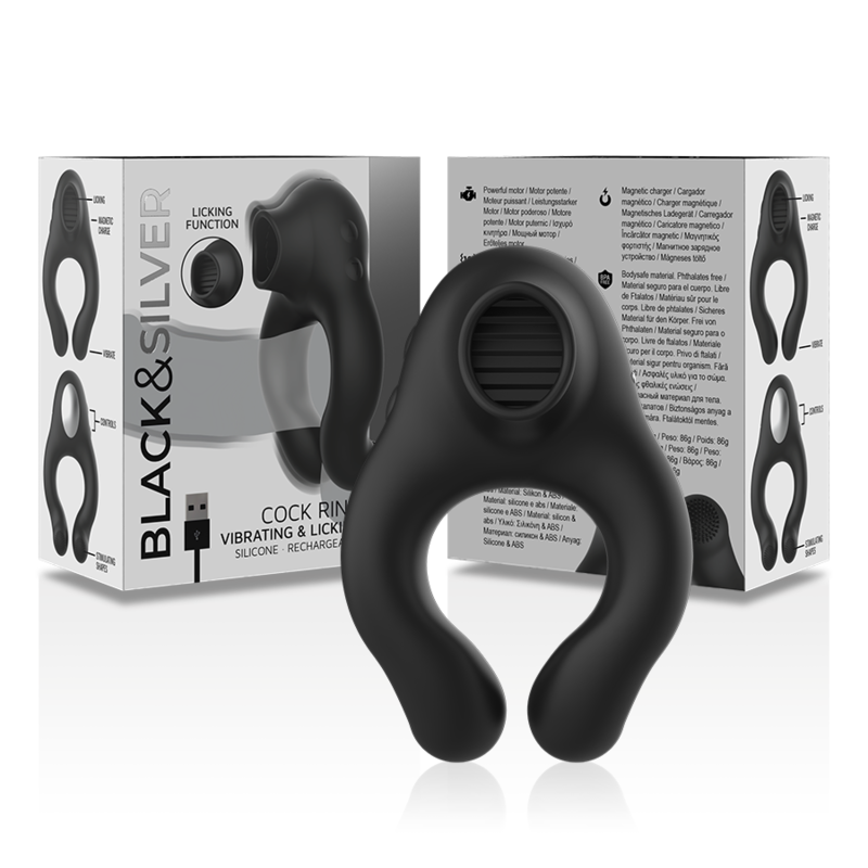 Black&silver-Vibrationsring aus Silikon, 3 Motoren, Wiederaufladbar · Sextoys (Bild 7)