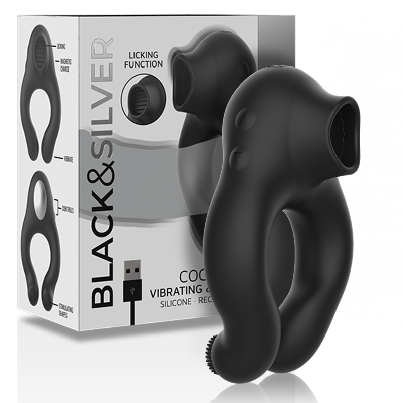 Black&silver-Vibrationsring aus Silikon, 3 Motoren, Wiederaufladbar · Sextoys (Bild 2)