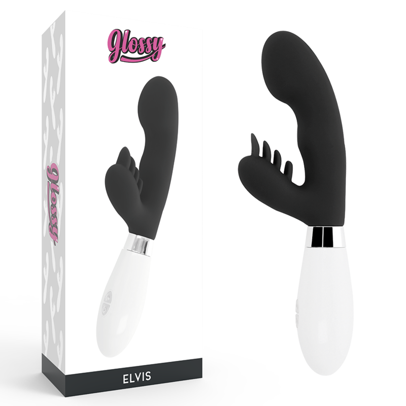 Glossy-Elvis Rabbit Black-Silikon, 10 Geschwindigkeiten, Drehung · Vibratoren