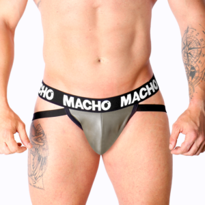 Macho Underwear-MX27GR Jockstrap aus Kunstleder Grau-Beige