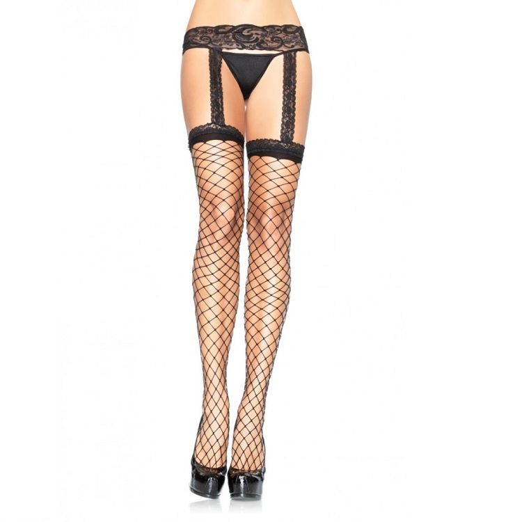 Leg Avenue Hosiery-Netzstrümpfe mit schwarzem Spitzen-Strapsgürtel
