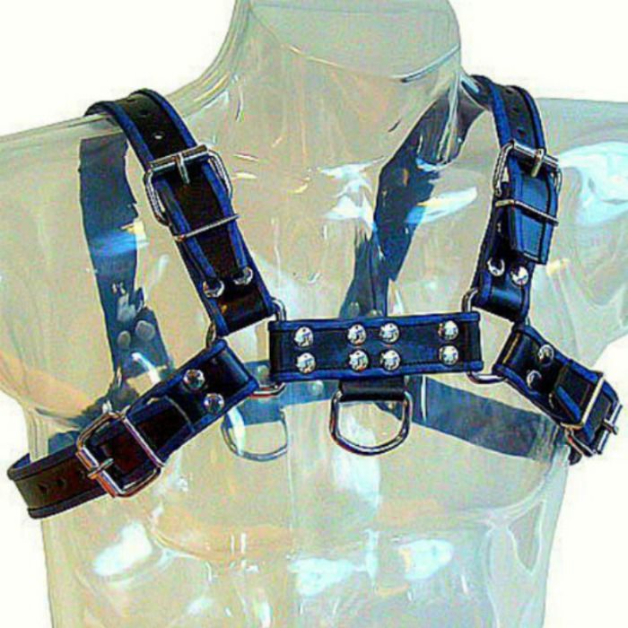 Leather Body-Harness Pektoral in Pelle Blau und Schwarz Bulldog · Spielzeug aus Glas & Metall (Bild 2)