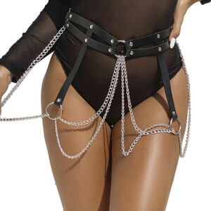 Subblime Fetish-Kettengürtel mit Ringen und Leder, Schwarz, Einheitsgröße