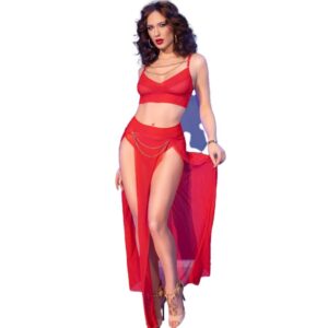 Chilirose-CR-4850 Top Rot und Leggings mit goldenen Accessoires