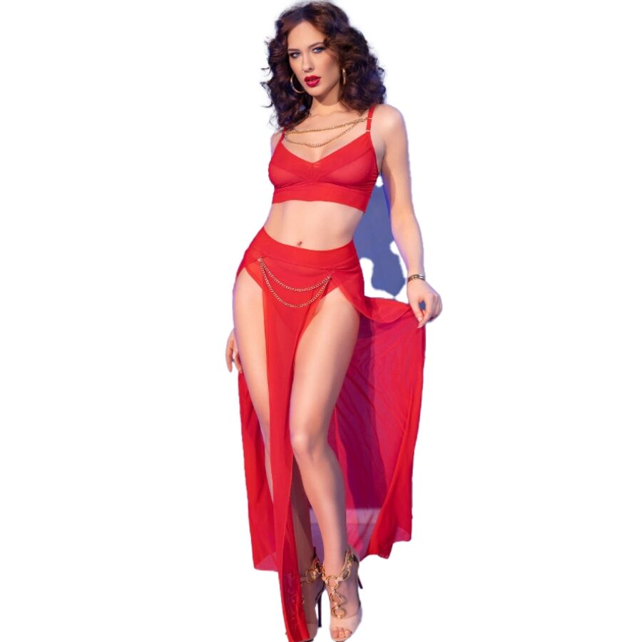 CHILIROSE - CR 4850 RED TOP AND LEGGINGS SET WITH GOLDEN ACCESSORIES S Chilirose-CR-4850 Top Rot und Strumpfhose mit goldenem Zubehör · Spicy Dessous & Bodystockings