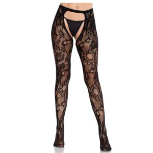 Leg Avenue Hosiery-Strümpfe Rose aus Spitze mit offener Rückseite Schwarz