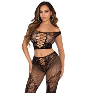 Leg Avenue Sets-Crop Top und Leggings aus Netz schulterfrei, Schwarz