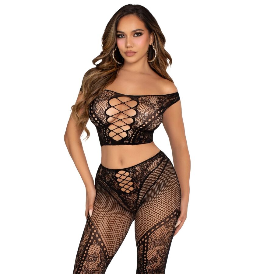 Leg Avenue Sets-Top Crop und Strumpfhose mit Schulterriemen, Schwarz · Sexy Damen-Dessous
