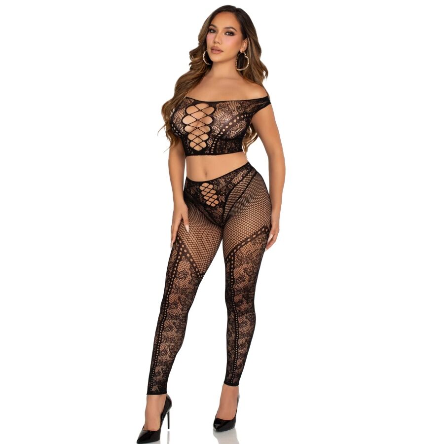 Leg Avenue Sets-Top Crop und Strumpfhose mit Schulterriemen, Schwarz · Sexy Damen-Dessous (Bild 3)