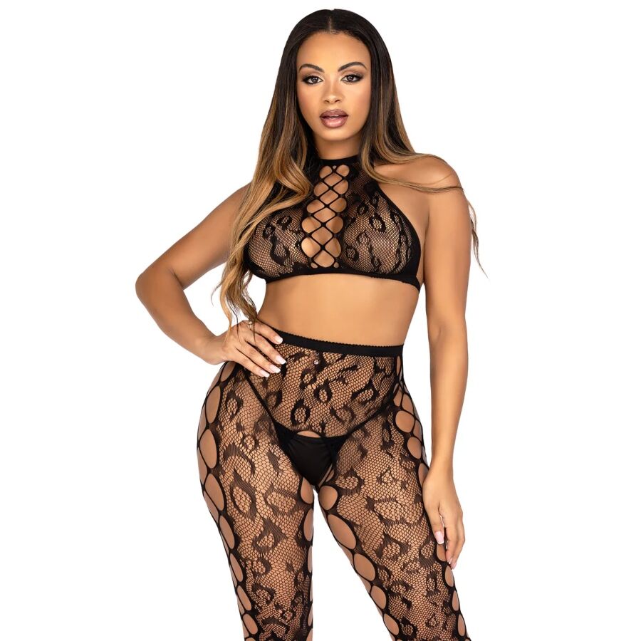 Leg Avenue Sets-89372 Crop-Top und Strumpfhose ohne Gesäß Schwarz - Einheitsgröße