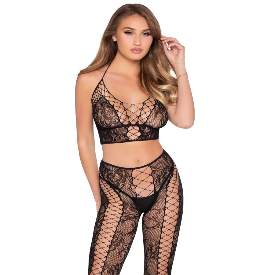 Leg Avenue Sets-89368 Top Crop in Spitze und Mesh mit Strumpfhose · Sexy Damen-Dessous (Bild 3)
